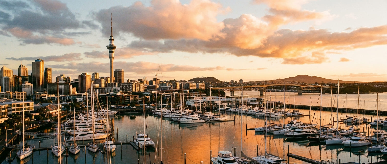 Auckland Sky Tower over the Viaduct Harbour
