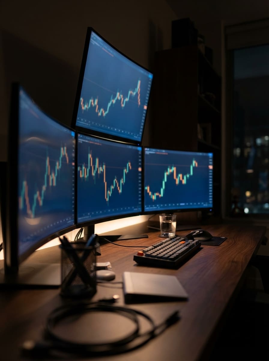 Trading desk monitors with chart graphics